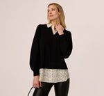 Long Sleeve Collared Printed Twover Sweater In Black W  Cream Abstract Dot 2