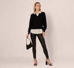 Long Sleeve Collared Printed Twover Sweater In Black W  Cream Abstract Dot 3