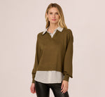 Long Sleeve Collared Printed Twover Sweater In Oak Olive W Iv Blministripe 4