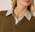 Long Sleeve Collared Printed Twover Sweater In Oak Olive W Iv Blministripe 5