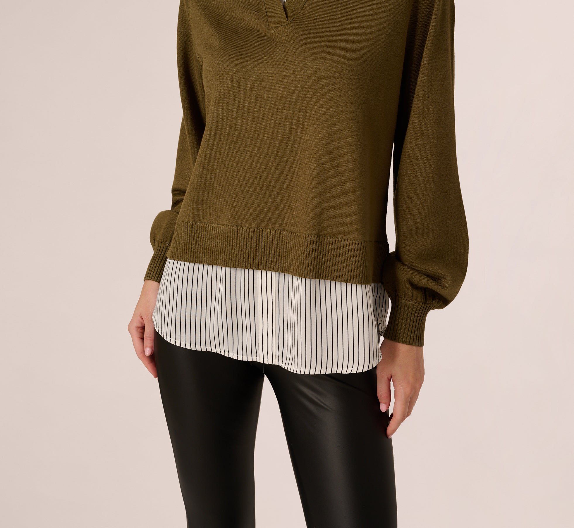 Long Sleeve Collared Printed Twover Sweater In Oak Olive W Iv Blministripe 1