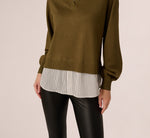 Long Sleeve Collared Printed Twover Sweater In Oak Olive W Iv Blministripe 6