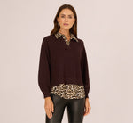 Long Sleeve Collared Printed Twover Sweater In Brownie W  Bengal Cheetah 4