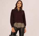 Long Sleeve Collared Printed Twover Sweater In Brownie W  Bengal Cheetah 2