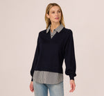 Long Sleeve Collared Printed Twover Sweater In Navy W  Navy Small Stripe 3