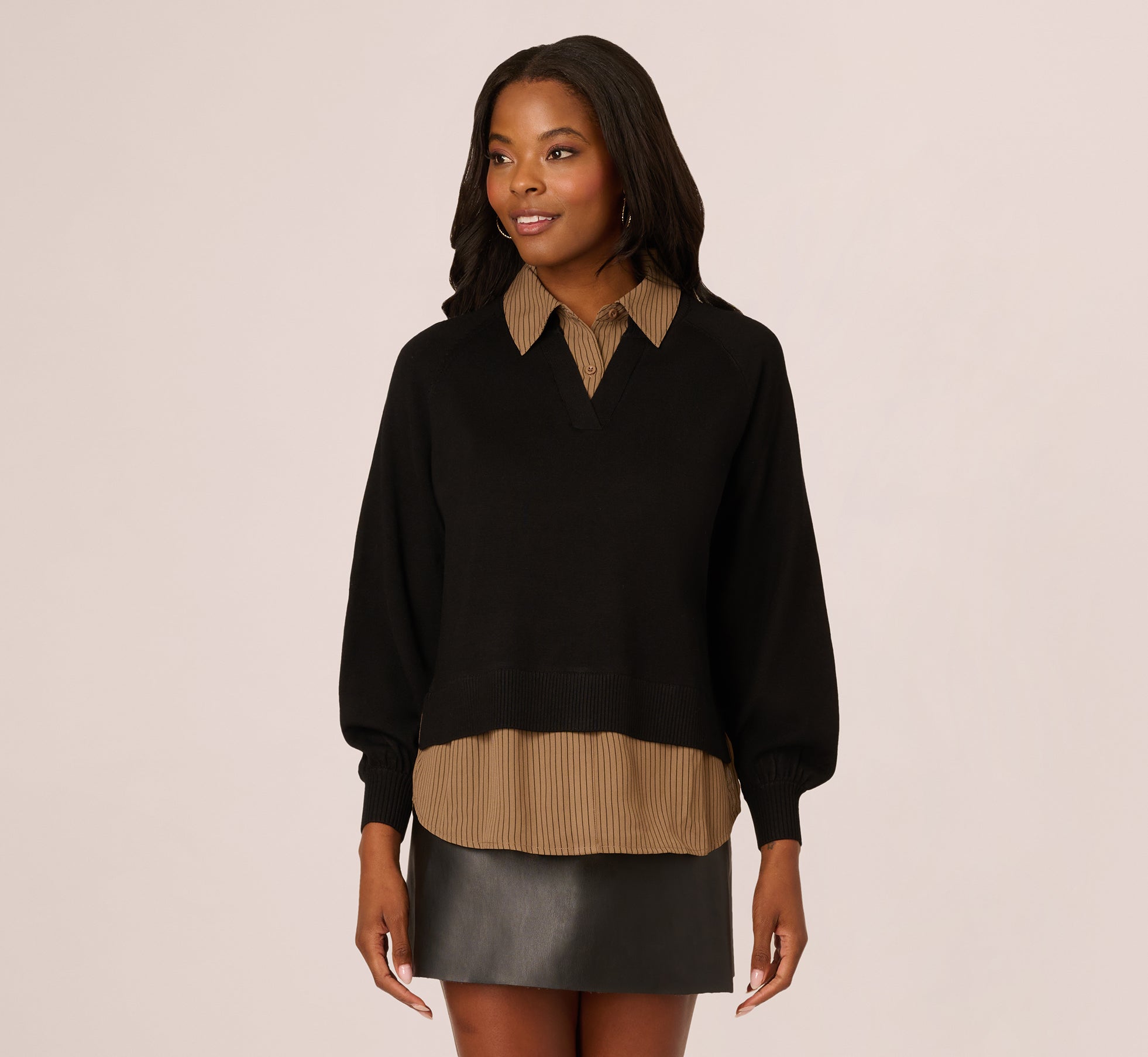 Black Long Sleeve Collared Printed Twover Sweater - Adrianna Papell