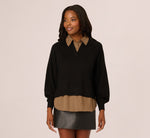 Long Sleeve Collared Printed Twover Sweater In Black W  Mocha Petite Stripe 3