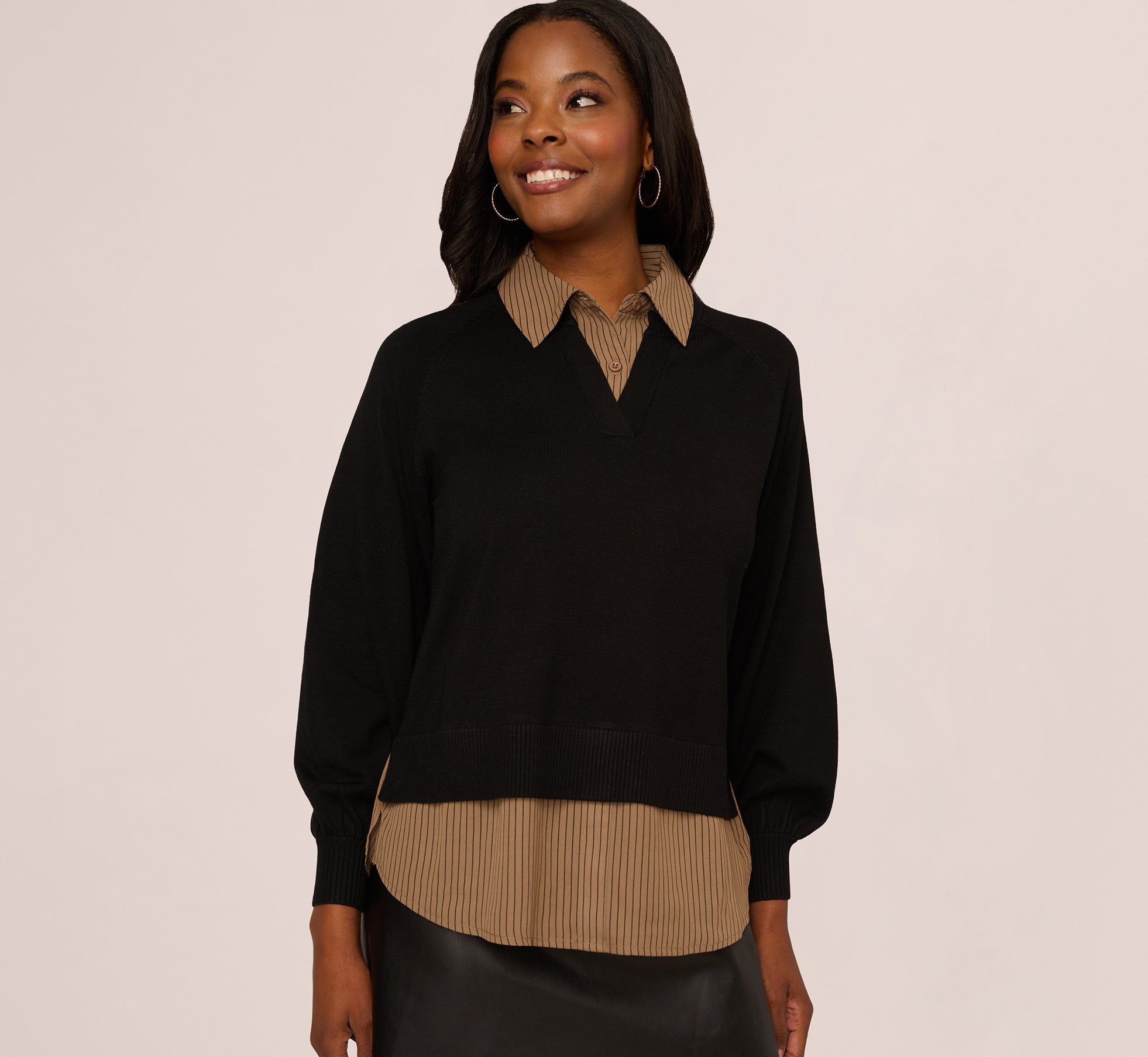Long Sleeve Collared Printed Twover Sweater In Black W  Mocha Petite Stripe 1