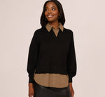 Long Sleeve Collared Printed Twover Sweater In Black W  Mocha Petite Stripe 1