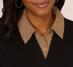 Long Sleeve Collared Printed Twover Sweater In Black W  Mocha Petite Stripe 5