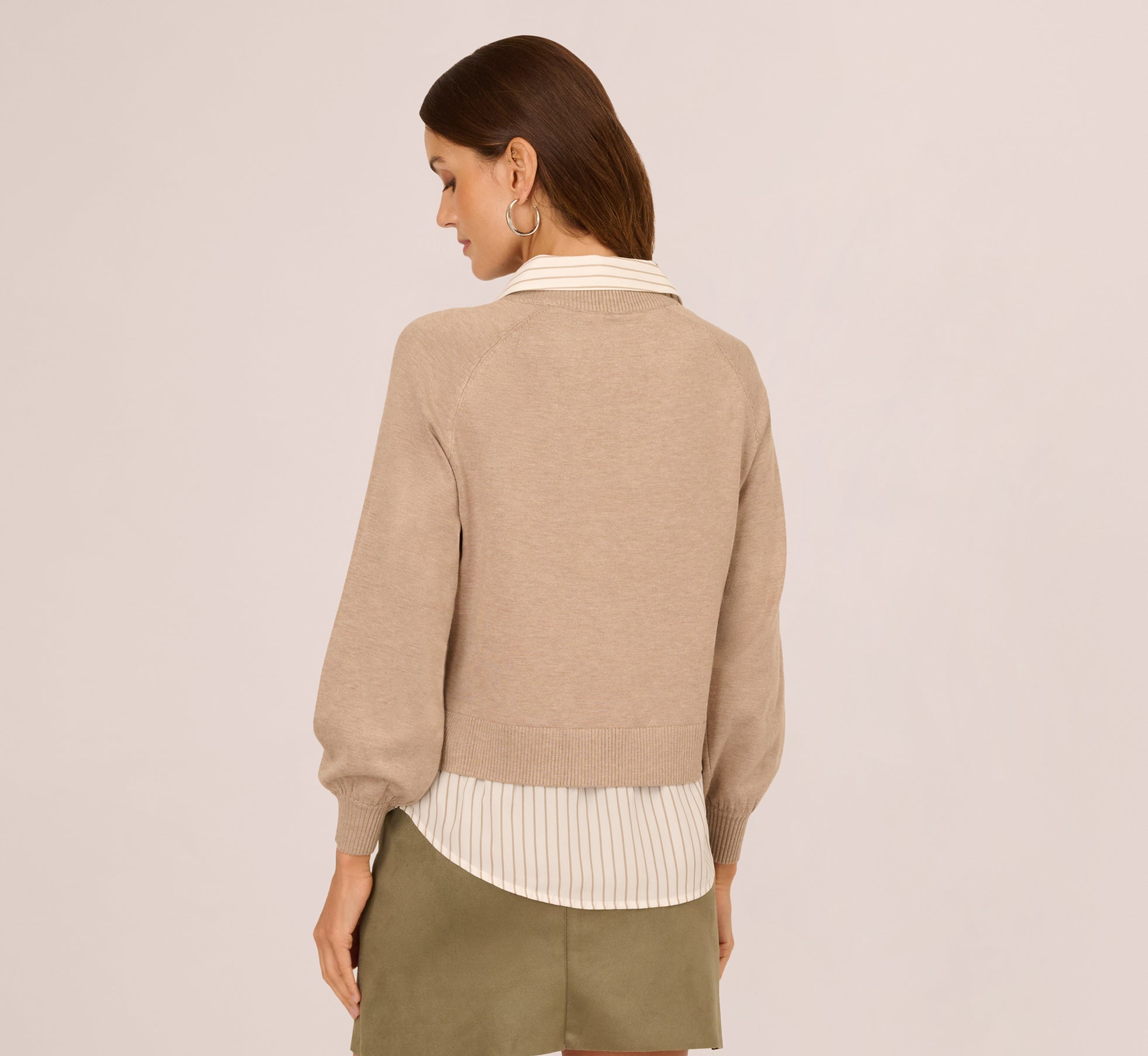 Beige Long Sleeve Collared Printed Twover Sweater - Adrianna Papell