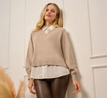 Long Sleeve Collared Printed Twover Sweater In H. Oatmeal W  Staple Stripe 1