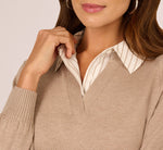 Long Sleeve Collared Printed Twover Sweater In H. Oatmeal W  Staple Stripe 5