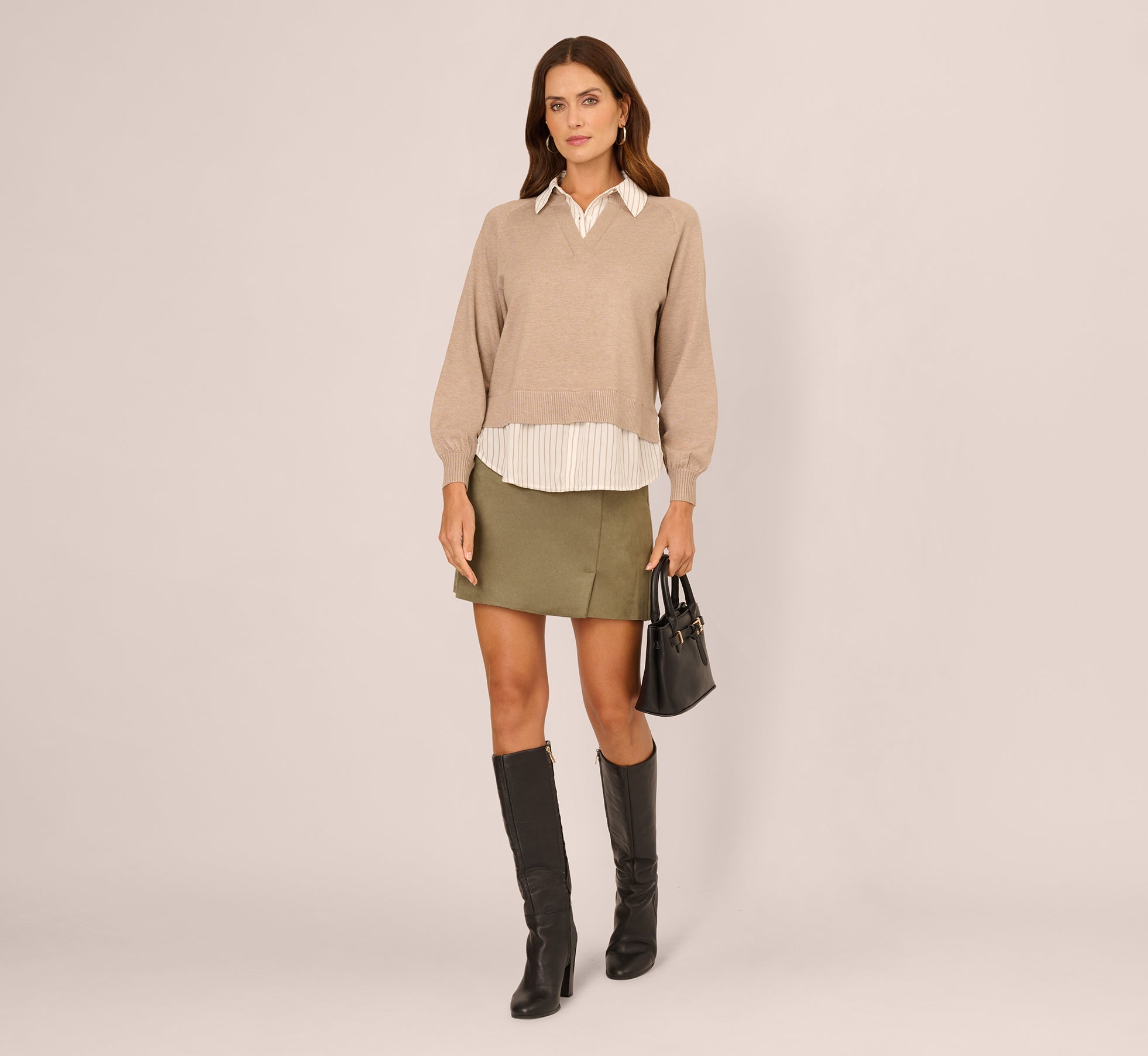Beige Long Sleeve Collared Printed Twover Sweater - Adrianna Papell