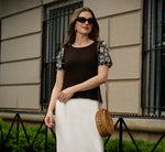 Short Sleeve Embroidered Lace Top In Black Ivory 1