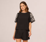 Short Sleeve Embroidered Lace Top In Black Ivory 4