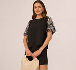 Short Sleeve Embroidered Lace Top In Black Ivory 2