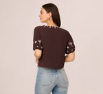 Puff Sleeve Embroidered Tie Front Top In Chocolate Ecru 6