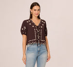 Puff Sleeve Embroidered Tie Front Top In Chocolate Ecru 3