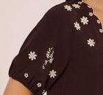 Puff Sleeve Embroidered Tie Front Top In Chocolate Ecru 4