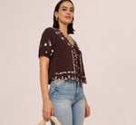 Puff Sleeve Embroidered Tie Front Top In Chocolate Ecru 1