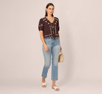 Puff Sleeve Embroidered Tie Front Top In Chocolate Ecru 2