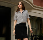 Short Sleeve Button Front Cropped Blouse In Ivory Navy Easy Stripe 1