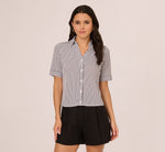Short Sleeve Button Front Cropped Blouse In Ivory Navy Easy Stripe 4