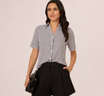 Short Sleeve Button Front Cropped Blouse In Ivory Navy Easy Stripe 2