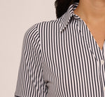Short Sleeve Button Front Cropped Blouse In Ivory Navy Easy Stripe 6