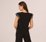 Flutter Sleeve Contrast Tipped Top In Black Ivory 6