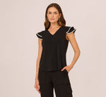 Flutter Sleeve Contrast Tipped Top In Black Ivory 3
