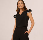 Flutter Sleeve Contrast Tipped Top In Black Ivory 1