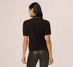 Short Sleeve Pearly Tie Neck Knit Top In Black 7