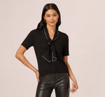 Short Sleeve Pearly Tie Neck Knit Top In Black 4