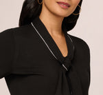 Short Sleeve Pearly Tie Neck Knit Top In Black 5