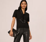 Short Sleeve Pearly Tie Neck Knit Top In Black 2
