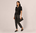 Short Sleeve Pearly Tie Neck Knit Top In Black 3