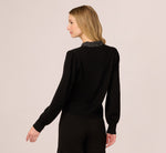 Long Sleeve Satin Neck Tie Sweater In Black W  Black Cream Dot 7