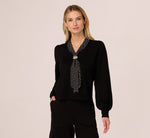 Long Sleeve Satin Neck Tie Sweater In Black W  Black Cream Dot 4