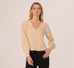 Long Sleeve Scalloped Pointelle Cardigan Sweater In Heather Fawn 4