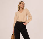 Long Sleeve Scalloped Pointelle Cardigan Sweater In Heather Fawn 2