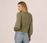 Long Sleeve Scalloped Pointelle Cardigan Sweater In Evergreen Fog 7