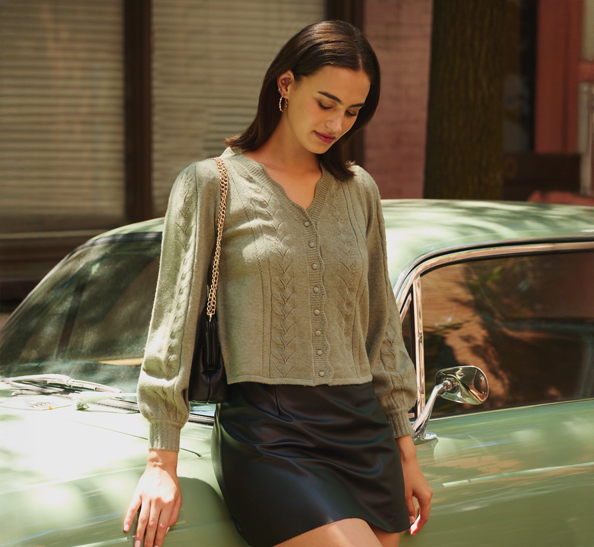 Long Sleeve Scalloped Pointelle Cardigan Sweater In Evergreen Fog 1