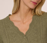 Long Sleeve Scalloped Pointelle Cardigan Sweater In Evergreen Fog 5