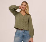 Long Sleeve Scalloped Pointelle Cardigan Sweater In Evergreen Fog 2