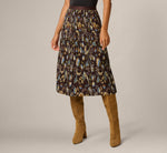 A Line Satin Waist Pleated Midi Skirt In Chocolate Paisley Vine 2
