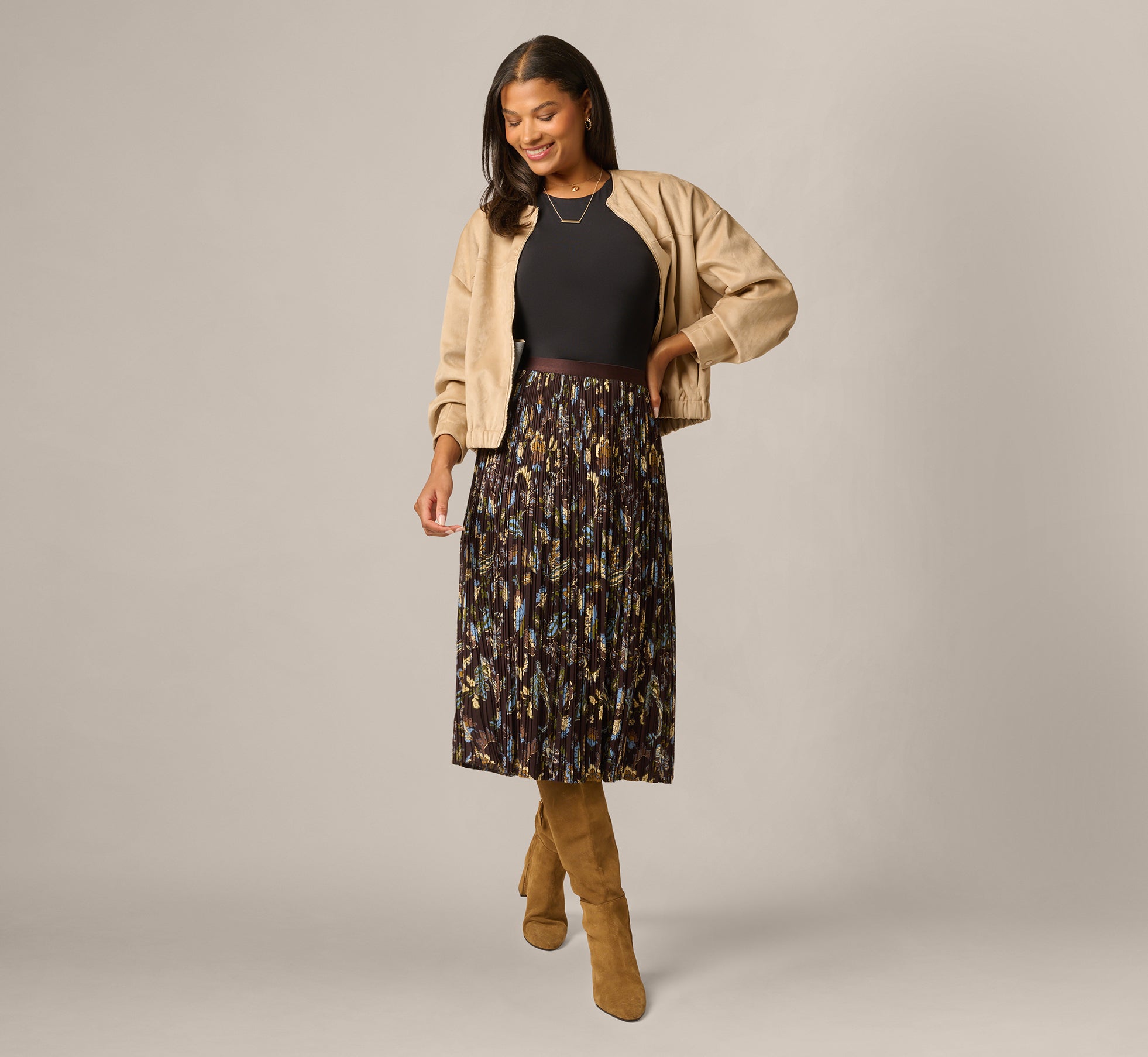 A Line Satin Waist Pleated Midi Skirt In Chocolate Paisley Vine 1