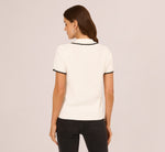 Short Sleeve Scalloped Trim Polo Sweater In Cream Black 7