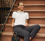 Short Sleeve Scalloped Trim Polo Sweater In Cream Black 1